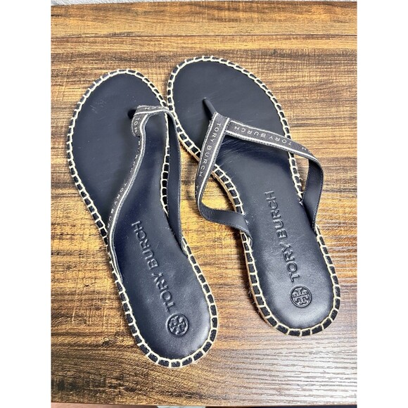 Tory Burch Ribbon Thong Espadrille Black Size 10 NWT Luxury Designer - Picture 1 of 8